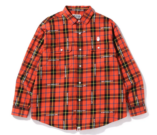 Bape Logo Check Loose Fit Red Button Up Shirt Size Medium