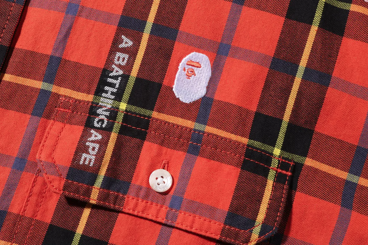 Bape Logo Check Loose Fit Red Button Up Shirt Size Medium