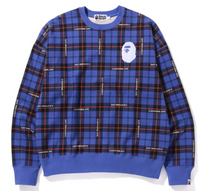 Bape Check Logo Loose Fit Blue Crewneck Sweater Size Small