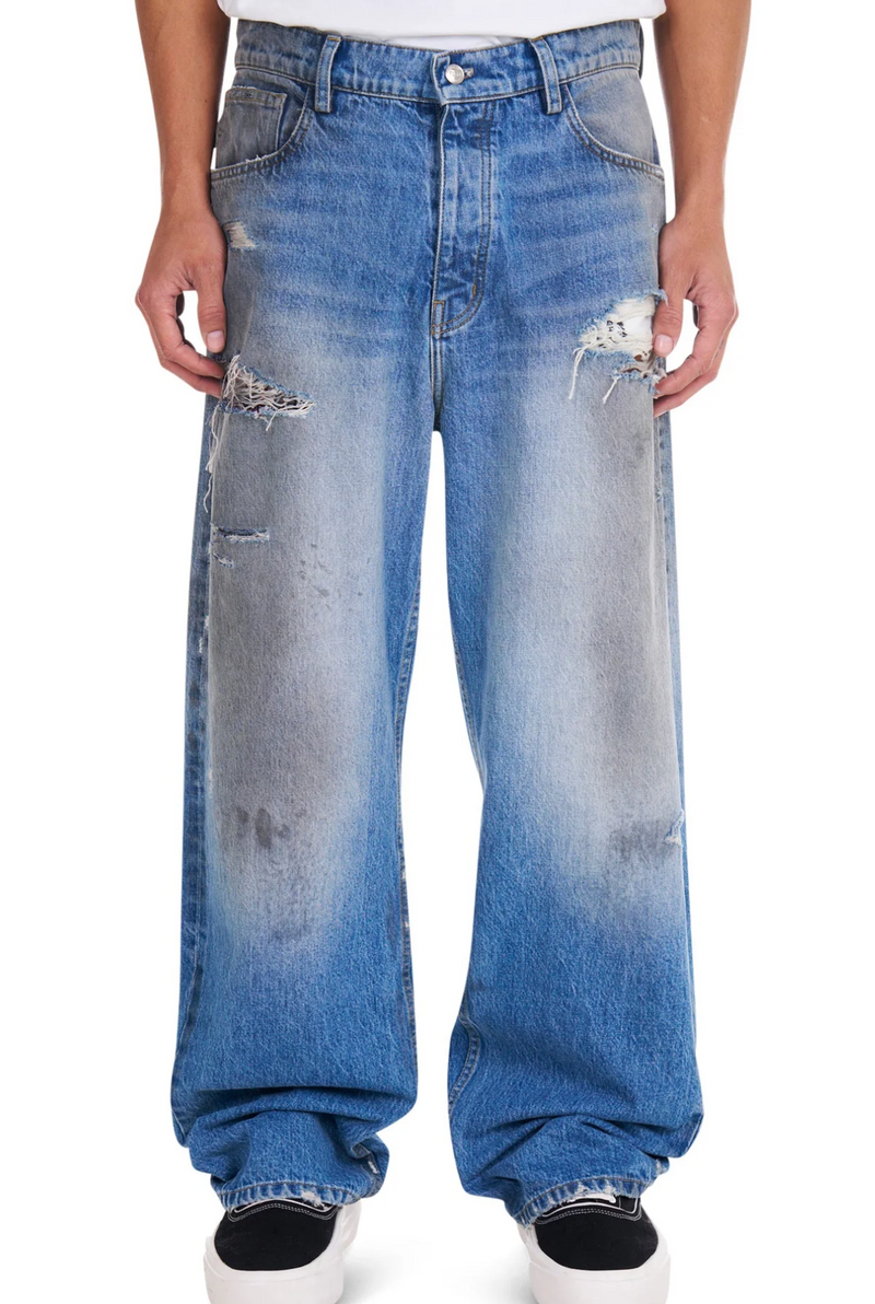 Nahmias Dirty Wash Baggy Denim Indigo Jeans Size 34 (MSRP: $850.00)