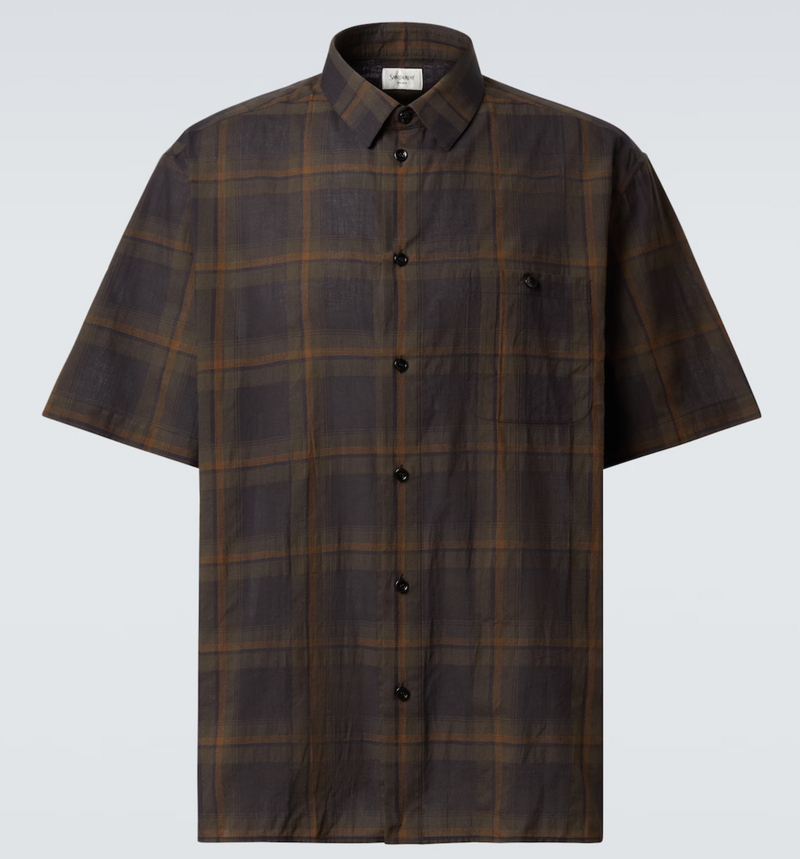 YSL Tartan Checked Cotton Voile Brown Shirt SIze 40 (MSRP: $1,200)