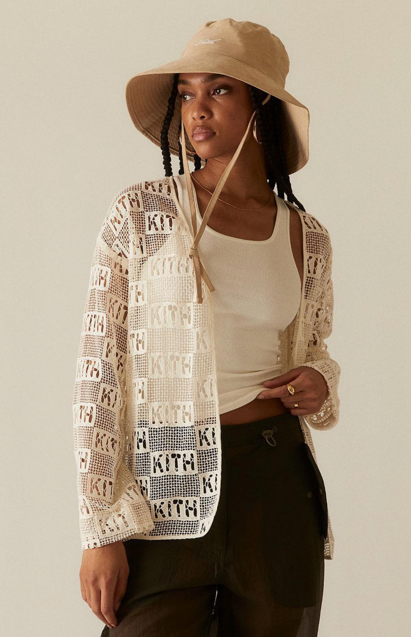 KITH Women's Jace Logo Lace Baseball Shirt - Beige LG (MSRP: $210)