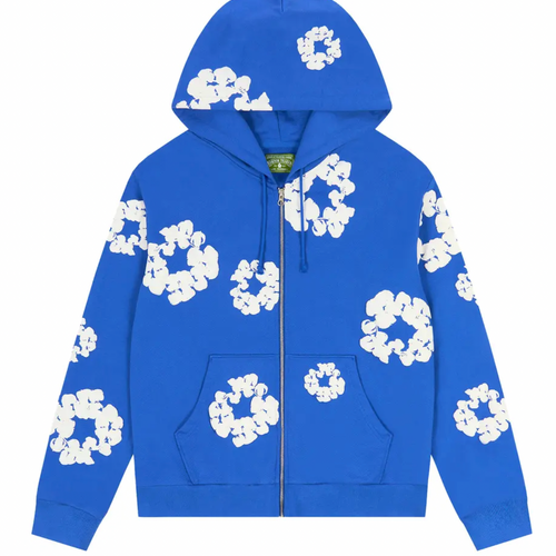 Denim Teats Mono Cotton Wreath Blue Zip-Up Hoodie Size Large