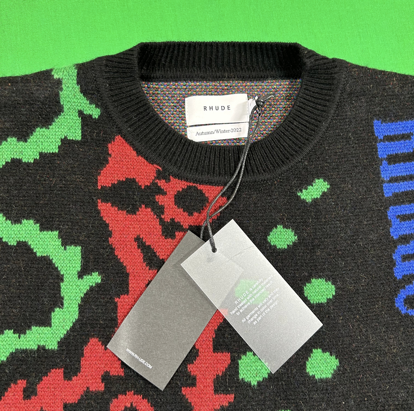 Rhude Bandana Knit Crewneck - Black/Red/Green MSRP $1,325