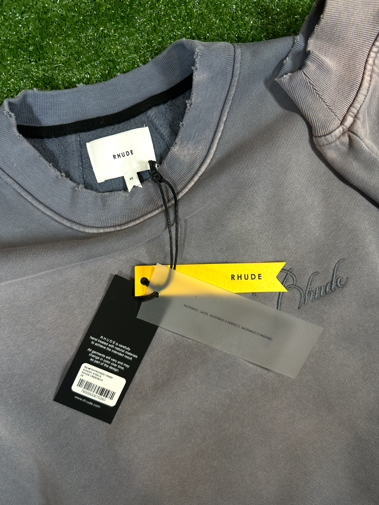 RHUDE Authentic Embroidered Crewneck Sweater-Sundry Steele- Size XS Mens MSRP:$680.00