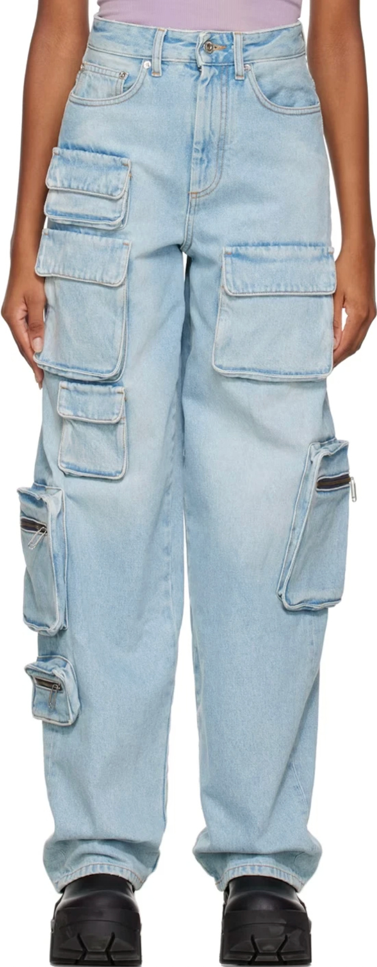 OFF-WHITE Women's Bleach Light Blue Multi-Pocket Cargo Jeans Size 26