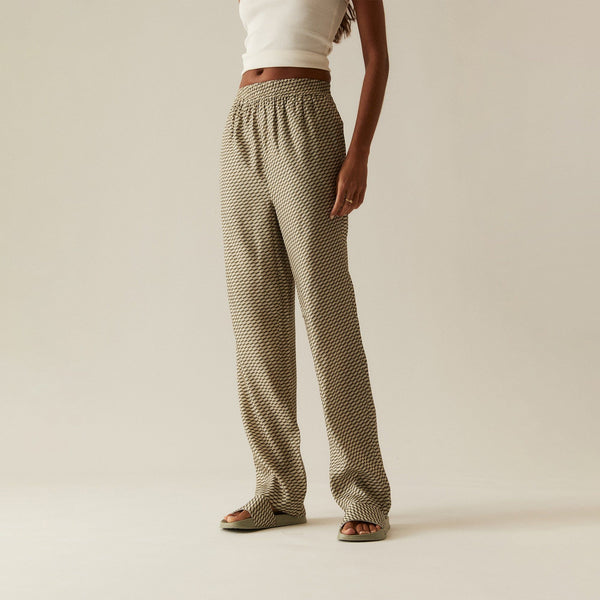 KITH Women's Ida Monogram Silk Straight Leg Pant - Khaki LG MSRP: $200